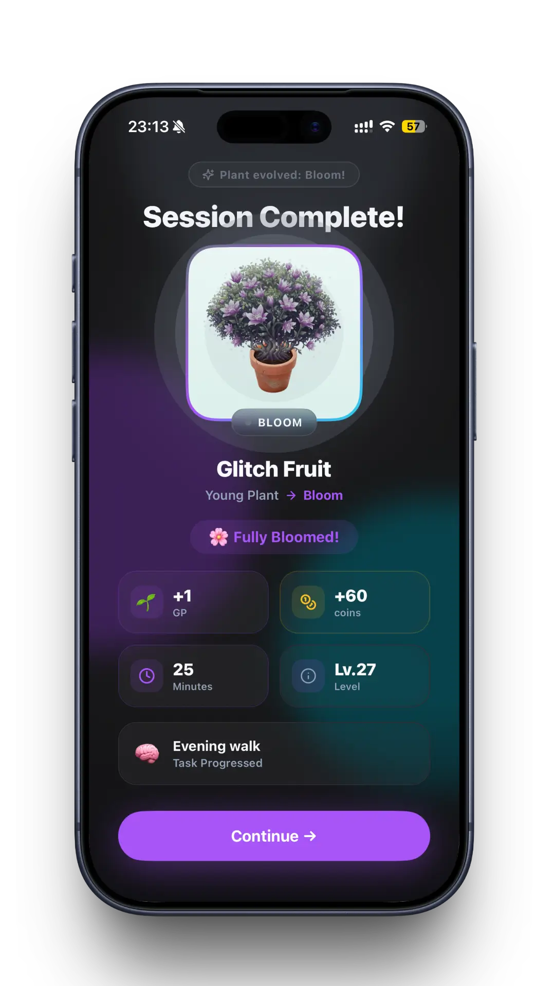 Focus Aura — session completion screen with rewards
